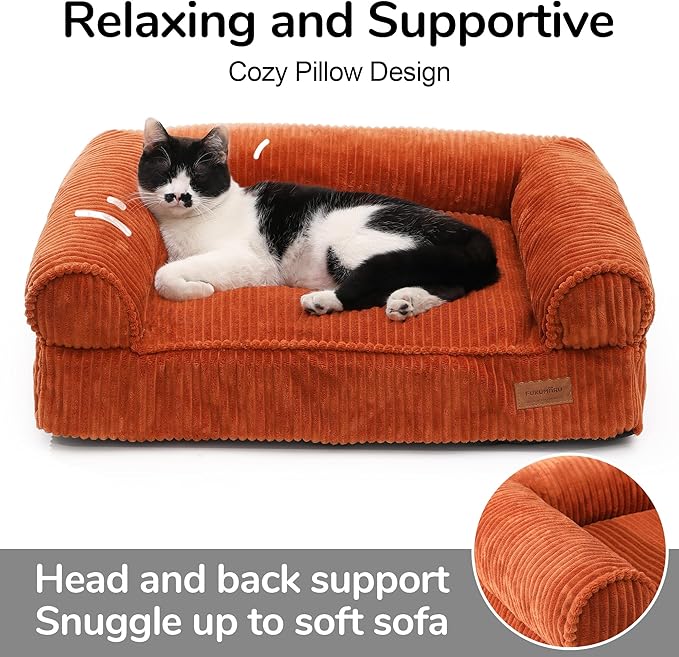 FUKUMARU Dog Couch Bed, Corduroy Cozy Cat Bed for Indoor Cats with Washable Cover, Supportive Waterproof Dog Beds Sofa for Small Dogs and Large Cats Cute, 28inch, Medium, Orange-Mewly Pet