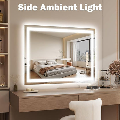 38"x28" Inch Large Lighted Vanity Mirror, 3-Color Lighting & Dimmable Modes, LED Makeup Mirror for Bathroom/Dressing Room (Wall/Tabletop Mount, White)