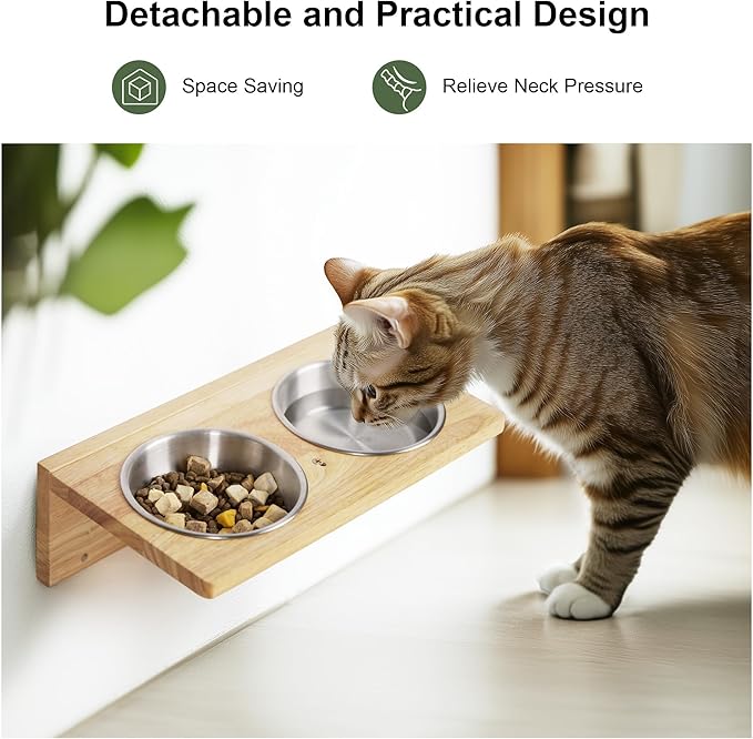 FUKUMARU Cat Wall Shelves, 3 In 1 Cats Walls Furniture Set, Food Station with 2 Steps , Solid Rubber Wood Perch, Suitable for Kitten Play, Nap, Eat, DIY Wall Jungle Gym-Mewly Pet