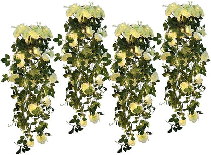 RECUTMS Artificial Rose Vine Plants Hanging 4Pieces 3.3Ft,Fake Light up Vines with 30 LED Lights Decor for Home, Office,Room, Door, Garden,Porch, Wedding Decoration (White)