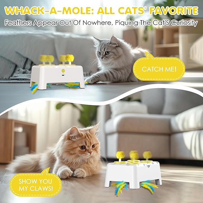 Cat Toys, 2 in1 Automatic Interactive Cat Toys for Indoor Cats, 4 Holes Mice Whack a Mole Cat Mouse Toy with Moving Feather, Rechargeable USB Power Kitten Feather Toys for All Breeds (Yellow)-Mewly Pet