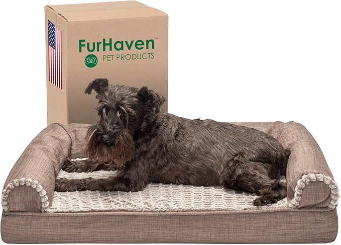 Furhaven Cooling Gel Dog Bed for Medium/Small Dogs w/ Removable Bolsters & Washable Cover, For Dogs Up to 35 lbs - Luxe Faux Fur & Performance Linen Sofa - Woodsmoke, Medium-Mewly Pet