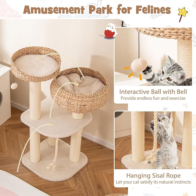 Tangkula Modern Cat Tree, Tall Cat Tower with Natural Sisal Scratching Post, Hand-Made Wicker Cat Condo & Top Perch, Funny Hanging Toy Ball, Cute Cat Tree Tower for Indoor Cats-Mewly Pet
