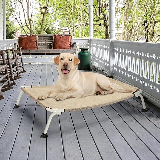 Veehoo Elevated Dog Bed for Outdoor, Cooling Waterproof Raised Dog Cots Beds for Large Dogs, Curved Off Ground Pet Hammock Cot Lifted for Outside, up to 85lbs, White Legs, Beige 42"-Mewly Pet