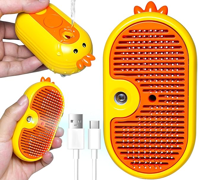 3-in-1 Rechargeable Steam Brush for Cats & Dogs - Anti-Static Spray Pet Grooming Brush with Warm Mist Massage, Hair Shedding Control, Detangling Comb & Cleaning Tool for Effective Deshedding-Mewly Pet