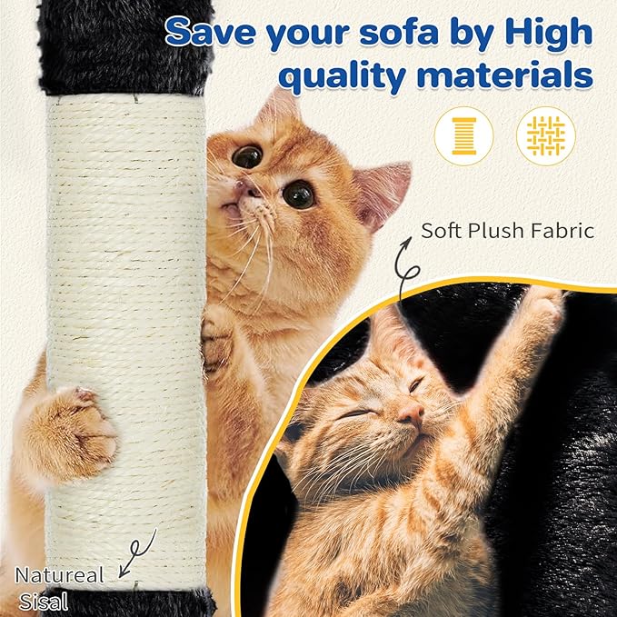 Cat Tree Tower 63in Multi-Level Cat Tower for Indoor Cats with Sisal Scratching Posts, Condo, Hammock, Dangling Ball and Extended Platform for Cats to Play, Black-Mewly Pet