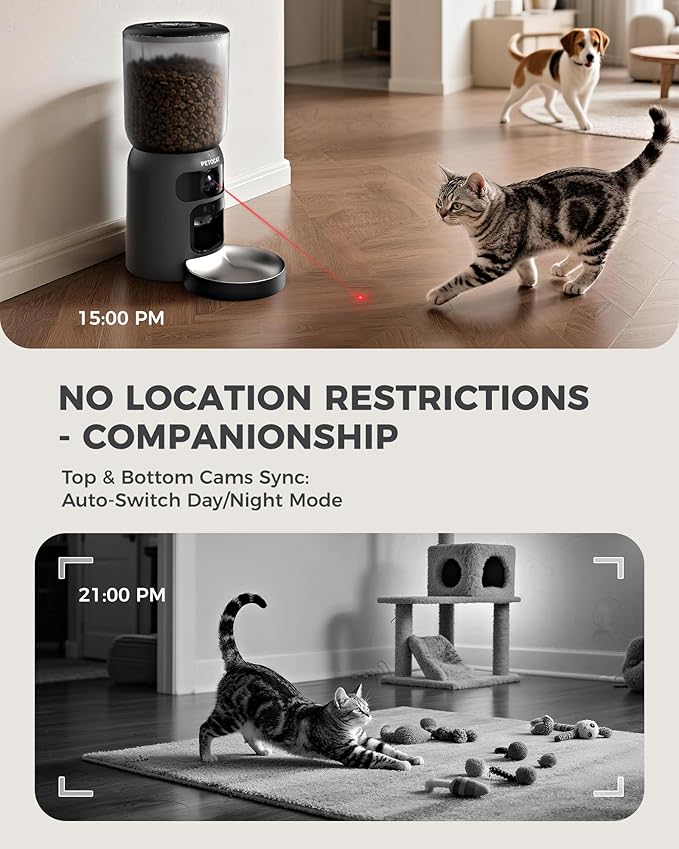 AI Cat Feeder with Dual Cameras (1 Adjustable), 2K HD Night Vision, 5G/2.4G WiFi, 6L Automatic Pet Feeder with APP Control, Laser Interactive Toy, Two-Way Audio & Scheduled Feeding-Mewly Pet