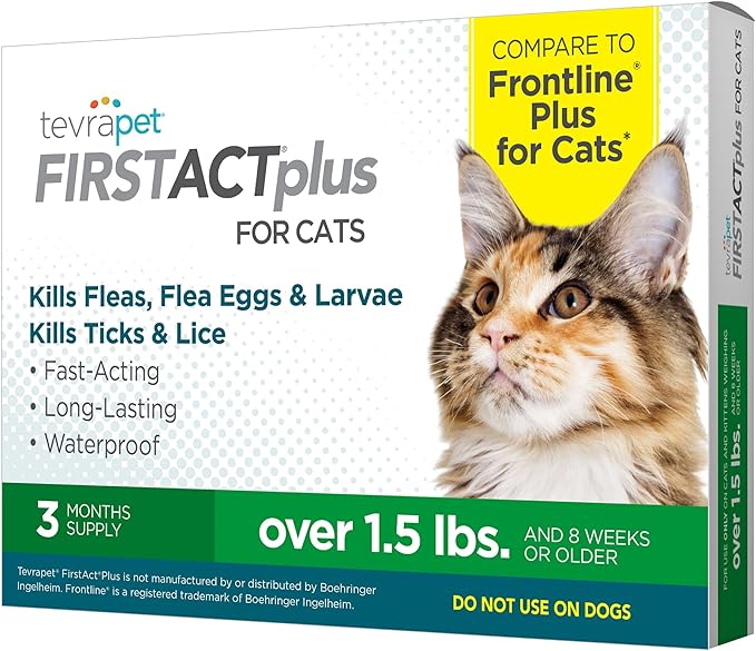 TevraPet FirstAct Plus Flea and Tick Topical for Cats over 1.5lbs, 3 Dose Waterproof Flea and Tick Control/Prevention for 3 Months-Mewly Pet