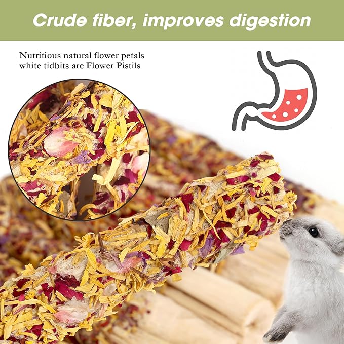 Abizoo Natural Rabbit Chew Toys,10 Sticks Sweet Bamboo Sticks for Rabbits with Petals,Bunny Chew Toys for Guinea Pig,Chinchilla,Hamster Treats Pet Wood Chews Snack Healthy Small Animals Toys for Teeth-Mewly Pet