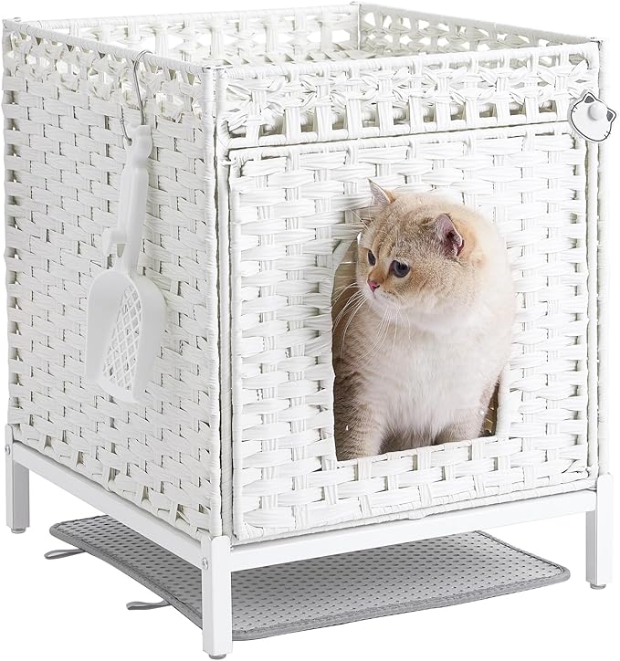 Cat Litter Box Enclosure Hidden Litter Box Furniture with Metal Heightened Feet, Rattan Handwoven Cat House with Litter Mat, Hidden Litter Box Furniture for Bedroom Living Room White-Mewly Pet