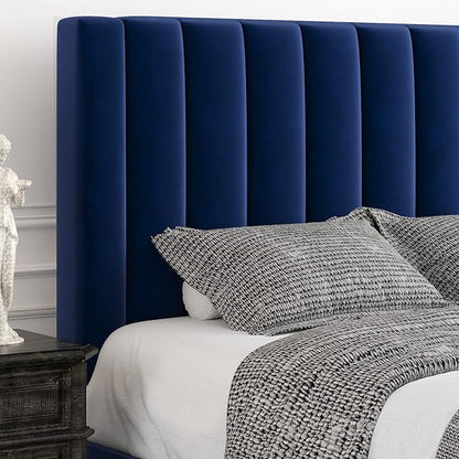 Allewie Queen Platform Bed Frame/Velvet Upholstered Bed Frame with Vertical Channel Tufted Headboard/Strong Wooden Slats/Mattress Foundation/Box Spring Optional/Easy Assembly/Navy Blue