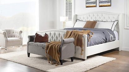 Jennifer Taylor Home Marcella Upholstered Shelter Headboard Bed Set, King, Antique White Polyester