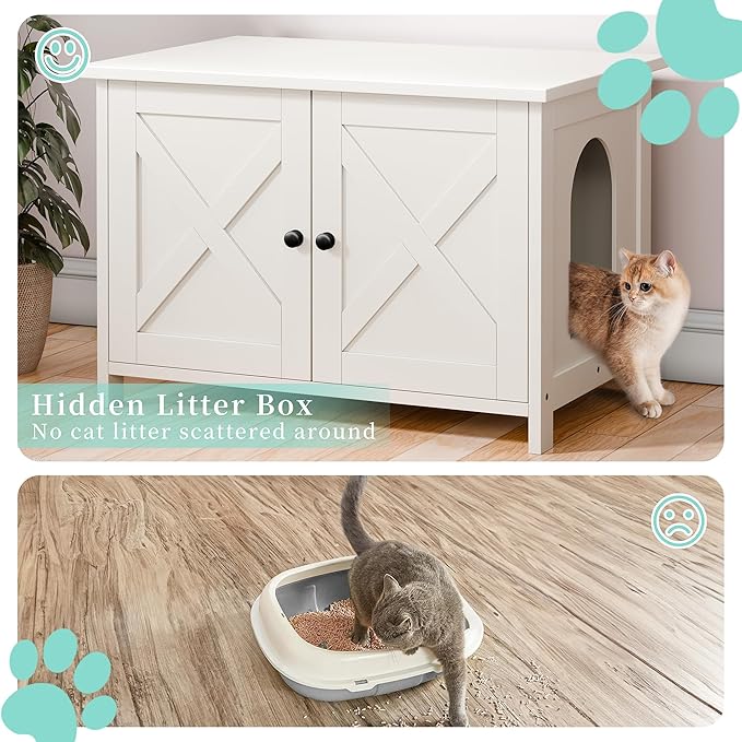 Vongrasig Cat Litter Box Enclosure,Litter Box Furniture Hidden with Barn Door,Wooden Cat Washroom Furniture,Cat House,End Table, Fit Most of Litter Box, White-Mewly Pet