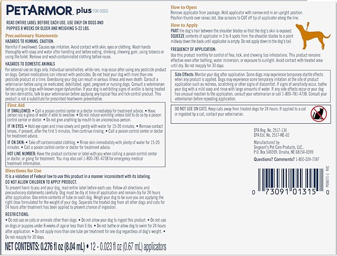 PetArmor Plus Flea and Tick Prevention for Dogs, Dog Flea and Tick Treatment, 12 Doses, Waterproof Topical, Fast Acting, Small Dogs (5-22 lbs)-Mewly Pet