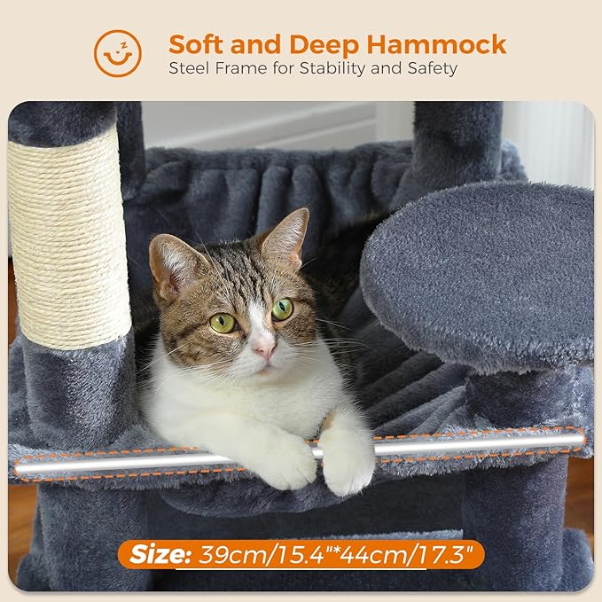 PAWZ Road Cat Tree, 53.5 Inches Tall Cat Tower with Spacious Hammocks, Condos and Scratching Posts, Cat House with Dual Padded Perches for Indoor Large Cats-Dark Gray-Mewly Pet