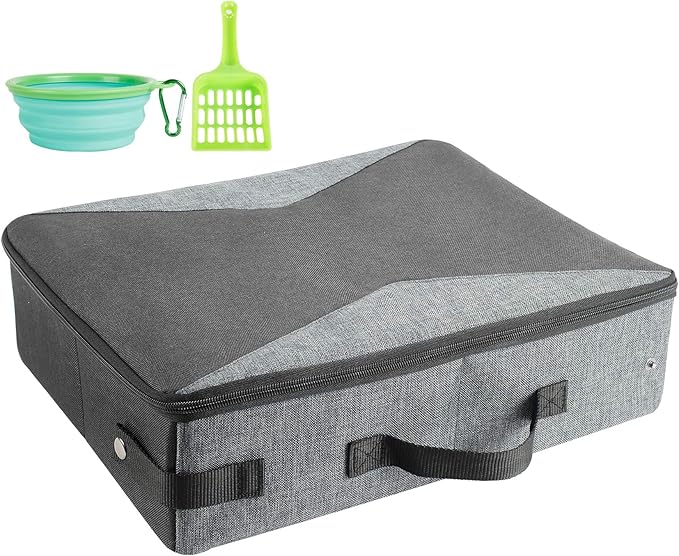 HiCaptain Portable Litter Box for Cats, Cat Travel Litter Box with Lid and Handle Standard Portable Collapsible Litter Carrier for Cat (M,Black/Gray)-Mewly Pet