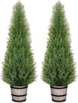 4FT Artificial Cedar Topiary Trees with Rustic Barrel Planter, Outdoor Indoor Realistic Faux Pine Shrubs Plants, Fake Cypress Trees for Home Offices Porch Decor, Set of 2