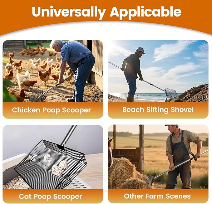 15 inch Extra Large Chicken Poop Scooper with Ergonomic Grip,5-in-1 Heavy Duty Adjustable Coop Scoop for Poop (24 to 68"), Stainless Steel Sifting Litter Shovel Scoop for Chicken Coop-Mewly Pet