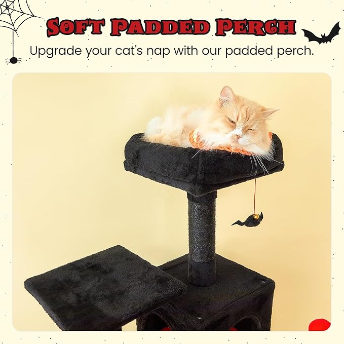 MWPO Gothic Cat Tree for Indoor Cats, 63.8 Inches Multi-Level Cat Tower with Sisal-Covered Scratching Posts, Padded Platform, Hammock, Dangling Toys, Stable Cat Condo Pet Play House, Black-Mewly Pet