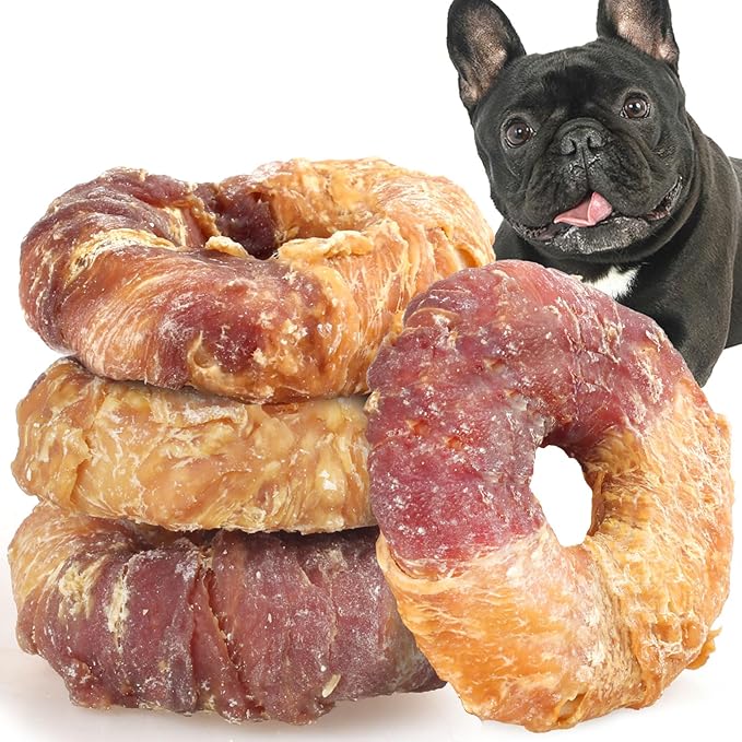 ASMPET Dog Treats Chews, Chicken & Duck Wrapped Rawhide Donuts Dental Care Chews for Small Medium Large Breed Aggressive Chewers (Pack of 4)-Mewly Pet