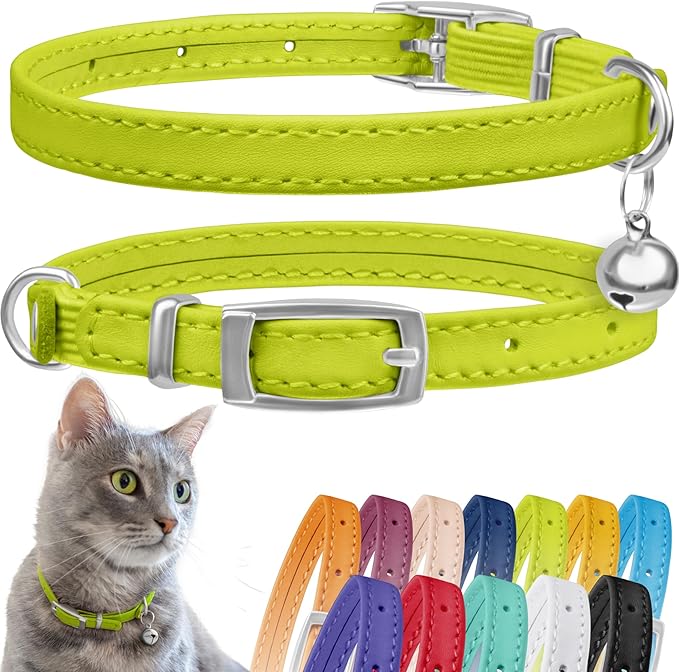 CollarDirect Leather Cat Collar, Kitten Collar with Removable Bell Black Blue Red Orange Lime Green (8-11 Inch, Lime Green)-Mewly Pet