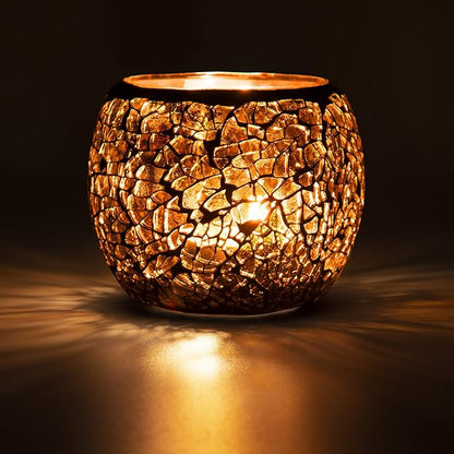 Scented Candle Holder Mosaic Glass Tea Light Holder,Handmade Romantic Glass Tealight Candle Holder for Aromatherapy,Party Décor(NO Candles),Also Used as Vase,Pen Holder,Potted Plants Bowl (Amber)
