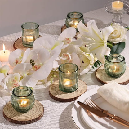 24pcs Assorted Green Votive Candle Holders for Table Centerpiece, Ribbed Tea Lights Candle Holder Glass, Green Candle Holders for Wedding Table Decor, Bridal Shower and Tea Party Decorations