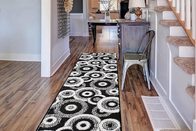 Custom Length Cut to Size Modern Farmhouse Carpet Runner Rug for Hallways, Non Slip Rubber Backed, 31 inch Wide X Customized Length, Geo Black, 31 inch X 20 feet