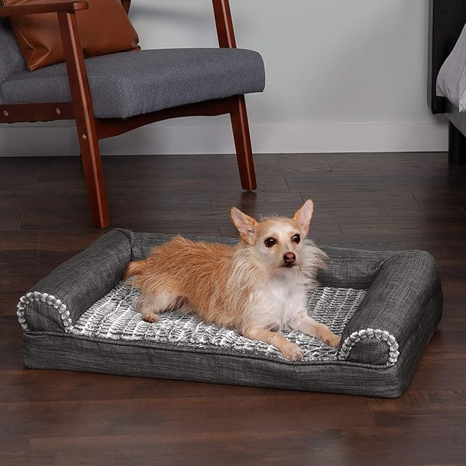 Furhaven Orthopedic Dog Bed for Medium/Small Dogs w/ Removable Bolsters & Washable Cover, For Dogs Up to 35 lbs - Luxe Faux Fur & Performance Linen Sofa - Charcoal, Medium-Mewly Pet