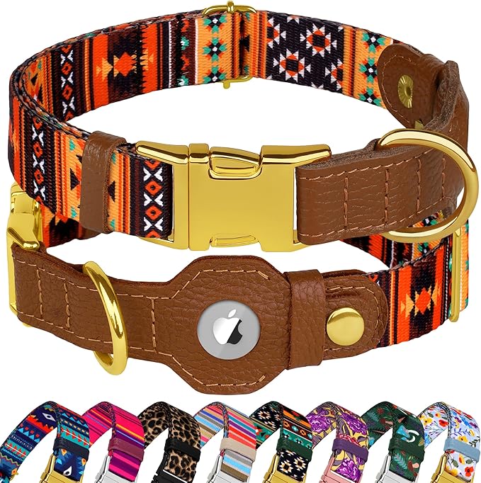 AirTag Dog Collar for Small Medium Large Breed - Adjustable Cute Pattern Dog Collar with Airtag Holder - Soft Leather Tracker GPS Apple Air Tag Pet Collars (X-Large, 20"-25" Neck Fit, Western)-Mewly Pet