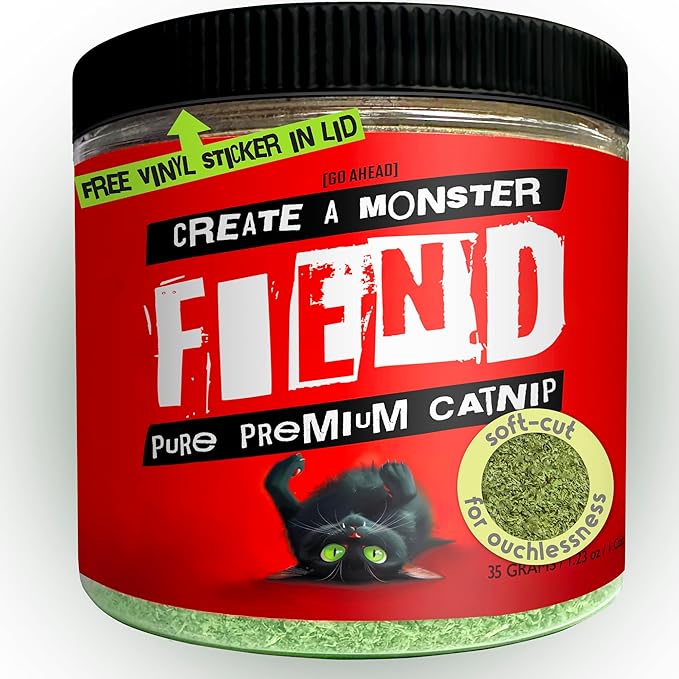 Fiend Catnip Safety-Cut 100% Pure Potent Fine Cat Nip for Cats & Kittens – Ultra Potent, North American – 1 Cup (34.5g) Canister – Go Ahead, Create a Monster!-Mewly Pet