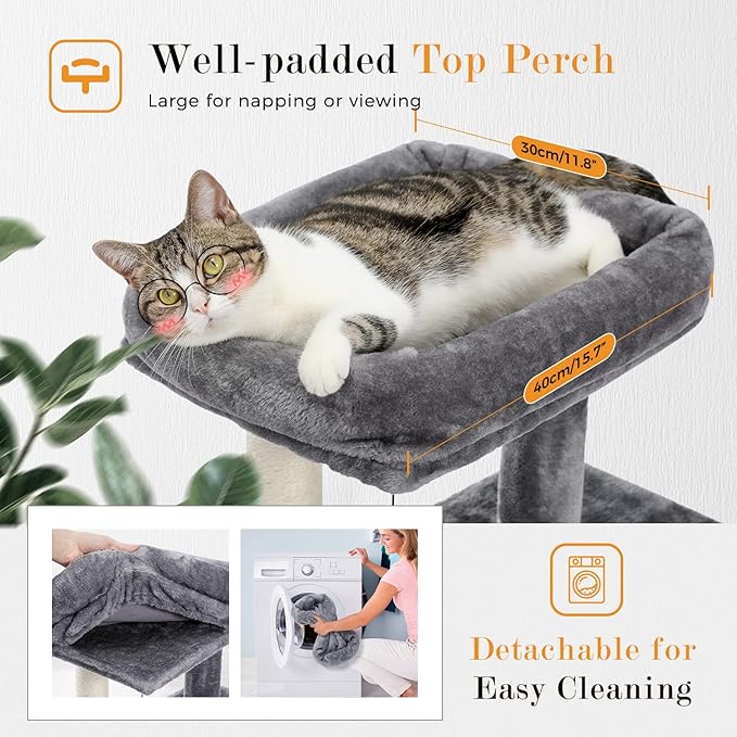 PAWZ Road 34 Inches Cat Tree Multilevel Cat Tower with Double Condos, Spacious Perch, Fully Wrapped Scratching Sisal Post and Replaceable Dangling Balls Gray-Mewly Pet