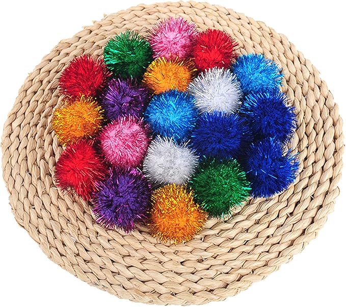 20 Pack 2 Inches Sparkle Balls for Cats, Large Size, Glitter Pom Poms Fuzzy Balls for Cats, Kitten Indoor Assorted Color Random-Mewly Pet