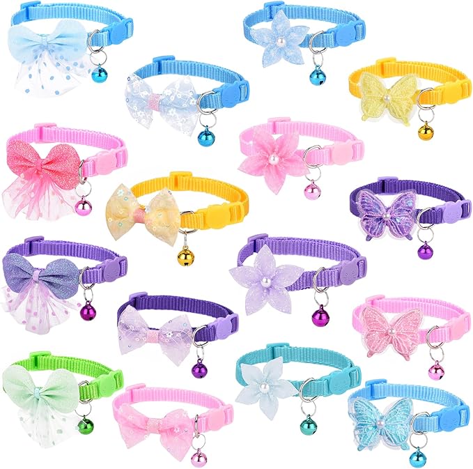 16 PCS Cute Cat Collars Breakaway with Bell for Boy Cats and Girl Cats Gifts (#2-Multicolor Lace)-Mewly Pet