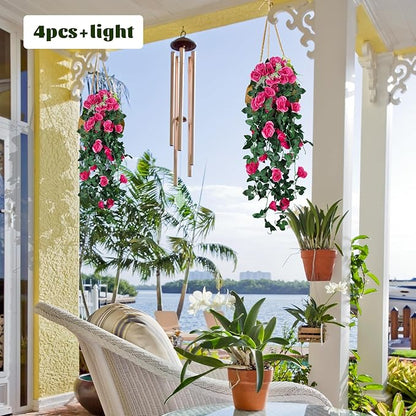 RECUTMS Artificial Rose 4Packs Fake Hanging Flower Faux Ivy Vine Plants for Home Window Garden Office Patio Planter Pathway Front Porch (Rose Red)