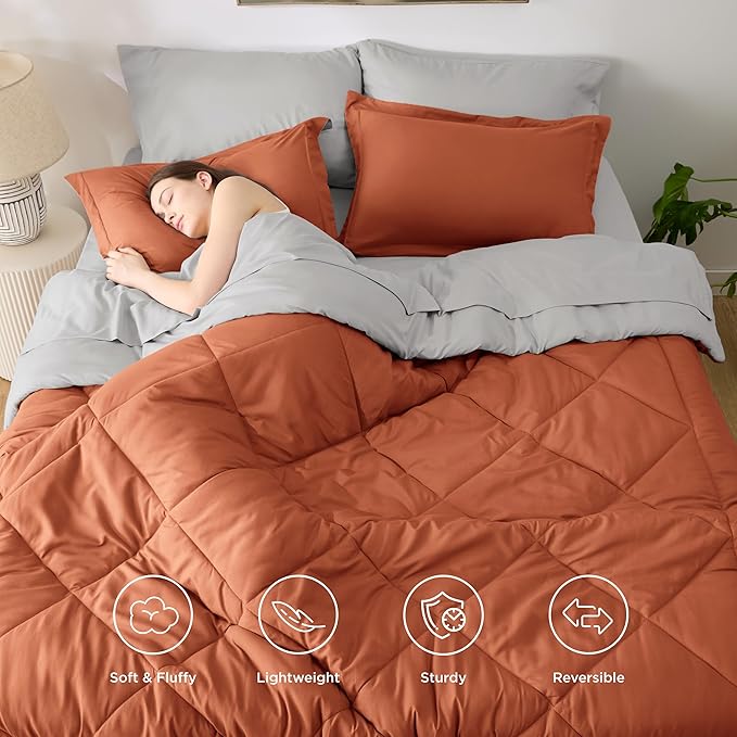 Bedsure Queen Comforter Set - 7 Pieces Reversible Burnt Orange Bedding, Queen Size Bed Set for All Seasons, Bed in a Bag with Down Alternative Comforter, Sheets, Pillowcases & Shams