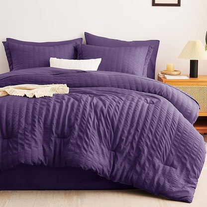 CozyLux Full Size Comforter Sets with Sheets 7 Pieces, Purple Seersucker Bed in a Bag Textured Luxury Soft Bedding Set with Down Alternative Comforter, Sheets, Pillowcases & Shams for All Seasons