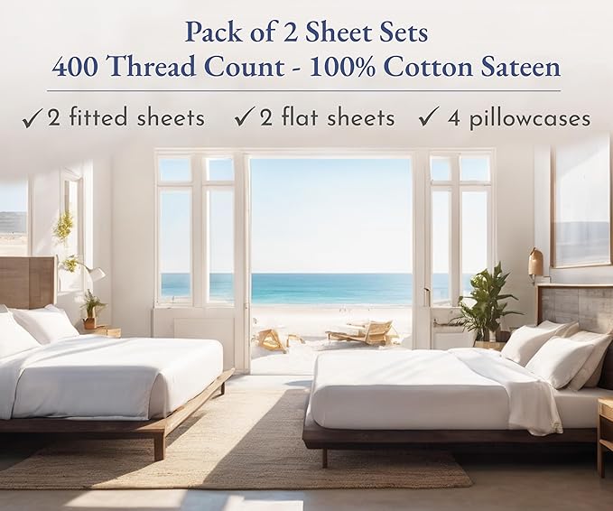 California Design Den 2-Pack 100% Cotton King Size Sheets Set 400 Thread Count Sateen - Extra Soft, Breathable & Cooling Sheets, Wrinkle Resistant, 2 Sets of Deep Pocket Bed Sheets - Antique White