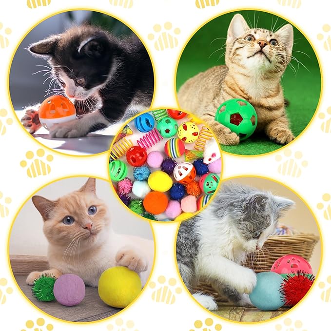 Kitten Toys, 60PCS Cat Balls Springs Toy Set, Cat Mouse Toy, Kitten Sparkle Crinkle Balls Furry Soft Pom Pom-Mewly Pet