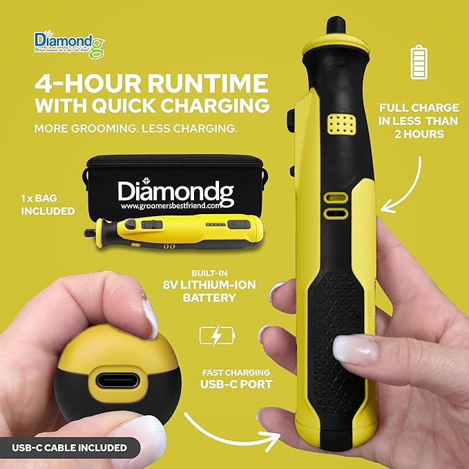 Diamondg Cordless Dog Nail Grinder with Quiet Sound & LED Tip for Large & Small Dogs, 4hrs. Runtime, 2 Bits Included, Yellow-Mewly Pet