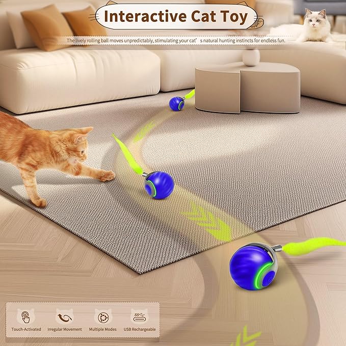 Speedy Tail 2.0 Interactive Cat Toy – Smart Self-Rolling Cat Ball with Feather Tail, Automatic Moving Motorized Toy for Indoor Cats, Chasing & Hunting Fun (Blue)-Mewly Pet