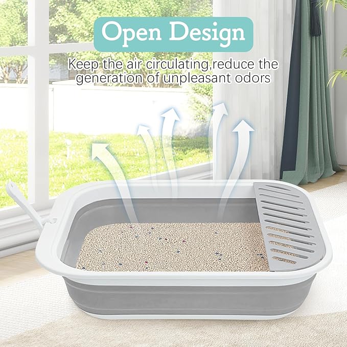 Fhiny Cat Litter Box Portable Shallow Litter Box 17.7"x13.4"x4.9" Foldable Cat Toilet with Scoop Open Kitty Potty Pan with Litter Drop Pedal Easy to Clean Travel Kitten Toilet(Gray)-Mewly Pet