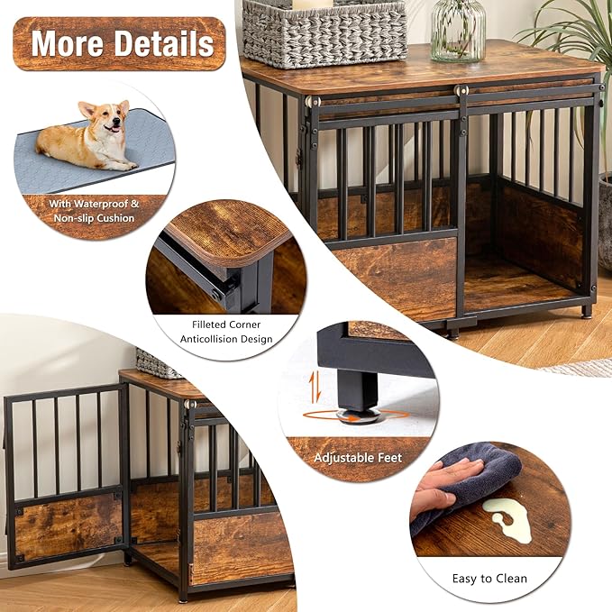 KOOPRO 32 Inch Dog Crate Furniture with Cushion for Large Medium Dogs, Wooden Heavy Duty Dog Kennel with Double Doors, Decorative Pet House Dog Cage Side End Table Indoor, Sliding Door Chew-Resistant-Mewly Pet