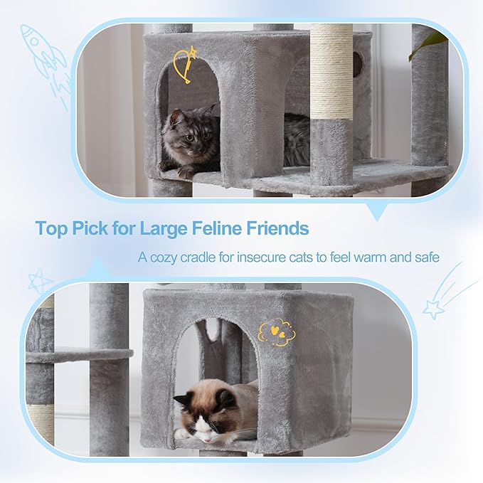 Hey-brother Tall Cat Tree Tower, Heavy Duty Scratching Posts with Large Platforms, Cozy Condos, Big Hammock, Toy Balls, Multi-Level Furniture for Indoor Adult Cats, 80.7 Inches, Light Gray MPJ039W-Mewly Pet