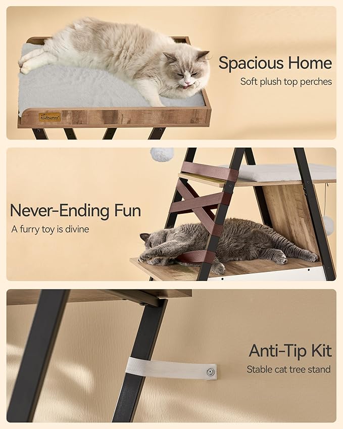 FourFurPets 72.4" Cat Tree, Modern Cat Tower for Indoor Cats, Multi-Level Cat Condo with Caves, Tall Cat Tree with Cat Scratching Board, Wooden Cat Tower with Large Perch, Removable Pads, Camel Brown-Mewly Pet