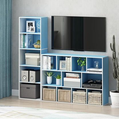 Furinno LUDER Book Shelf, 5-Tier Bookshelf, Bookcase, 9.4" x 15.8" x 52", for Living Room, Bedroom, Home Office, White/Light Blue
