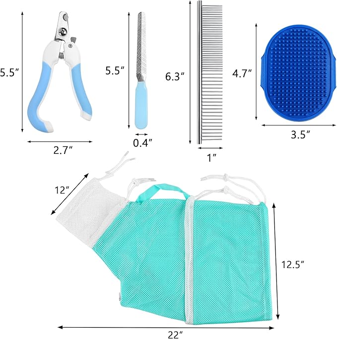 JULMELON Cat Washing Bag 10 PCS Set, Adjustable Cat Shower Net Bag and Pet Grooming Brush with Nail Clipper Nail File Hair Combs Tick Tool Nail Caps for Bathing Nail Trimming Examination（Grey+Green）-Mewly Pet