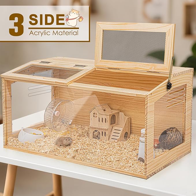 Hamster Cage 32 Inch Wooden Chewproof, 270° View Habitat with Bite-Proof Metal Mesh & Dual Access Doors, Acrylic Sheets & Solid Build for Dwarf Syrian Hamsters/Gerbils/Guinea Pigs/Chinchillas-Mewly Pet