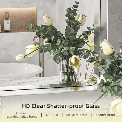Hasipu Brushed Silver Bathroom Mirror 63x35 Inch Rounded Rectangle Vanity Mirror Metal Framed Wall Mirrors Anti-Rust Surface Mount (Hangs Horizontal or Vertical)
