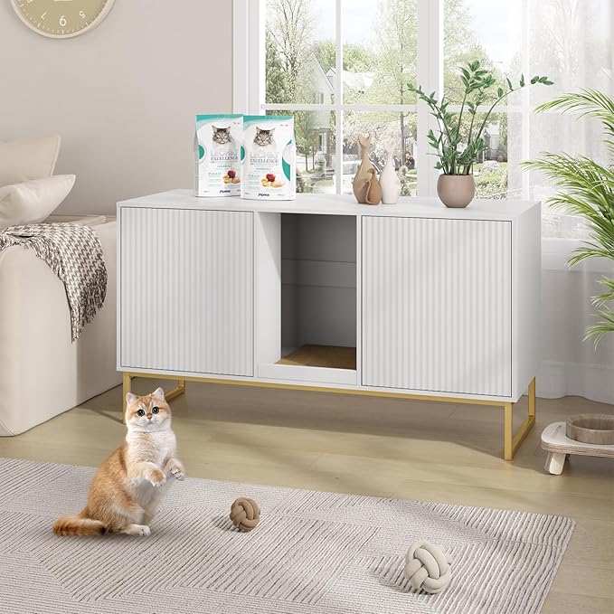 Litter Box Enclosure for 2 Cats, Fluted Hidden Cat Litter Box Furniture with Scratch Pad and Metal Legs, Modern Double Room Kitty House for Living Room, Washroom, 47.2”L x 17.7”W x 25.9”H, White-Mewly Pet